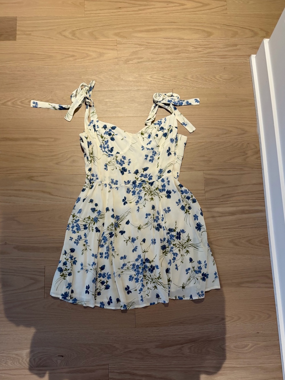 Reformation Cream Dress with Blue Floral Tie-Straps